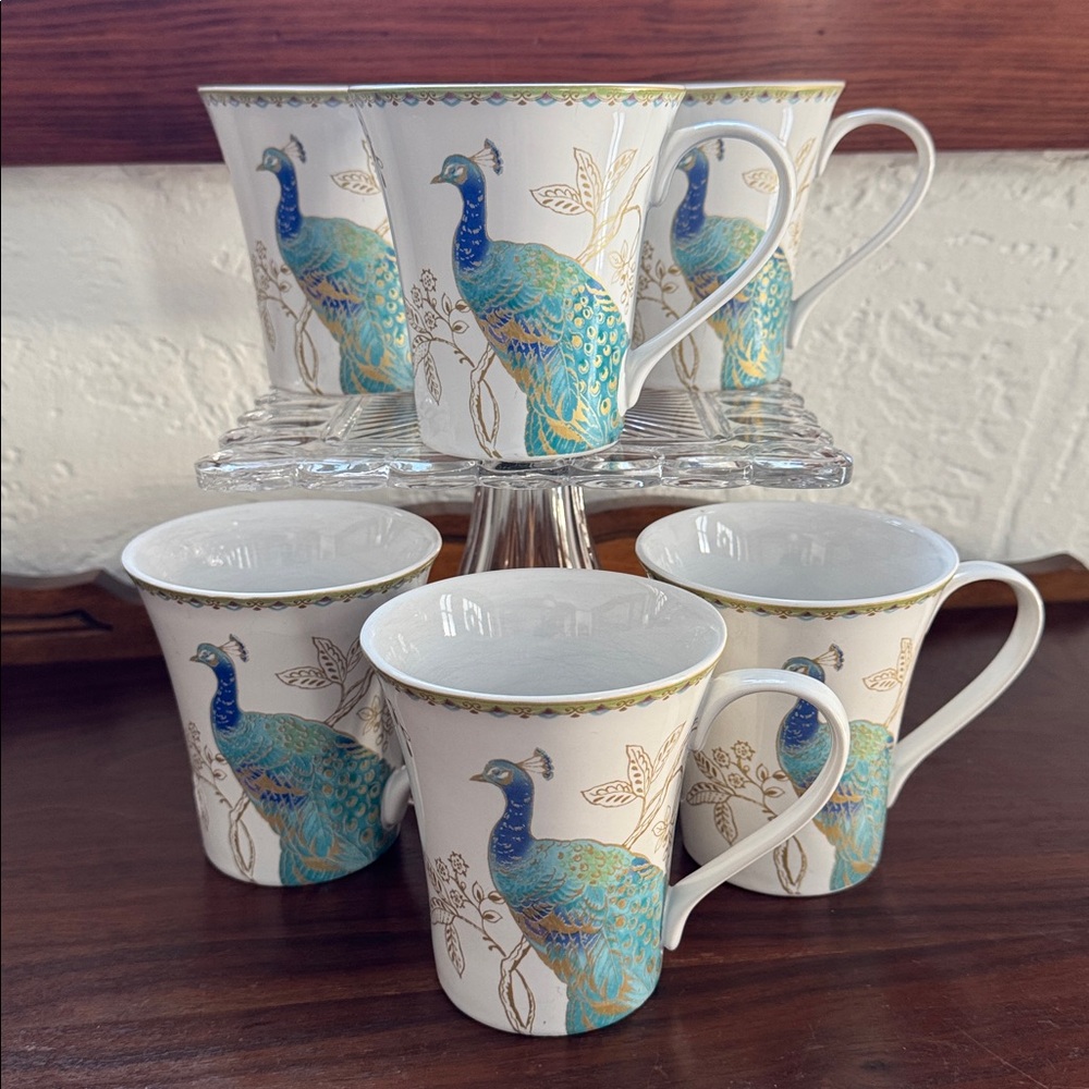 222 Fifth "Peacock Garden" Porcelain Fine China Coffee Mugs